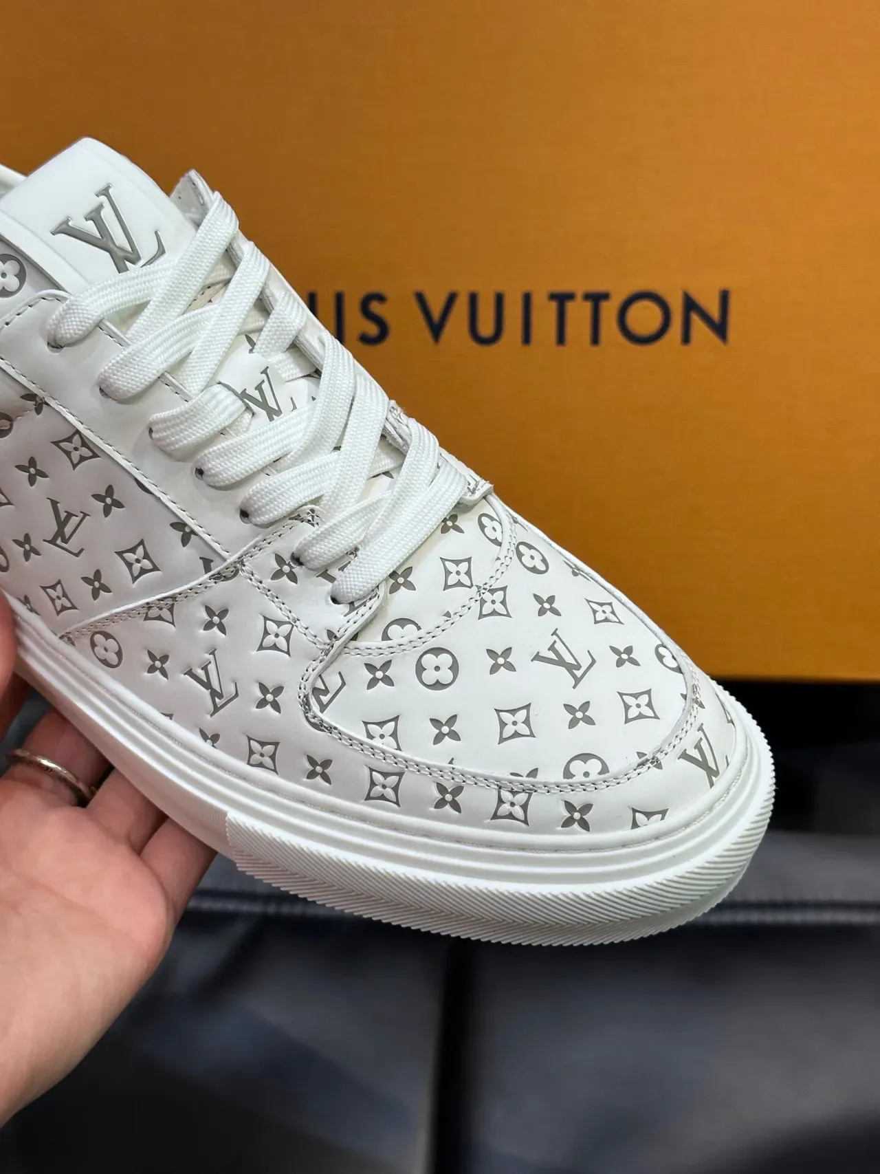 Louis Vuitton LV Trainer White Gray Monogram-Printed Leather Low-Top Lifestyle Sneakers 8