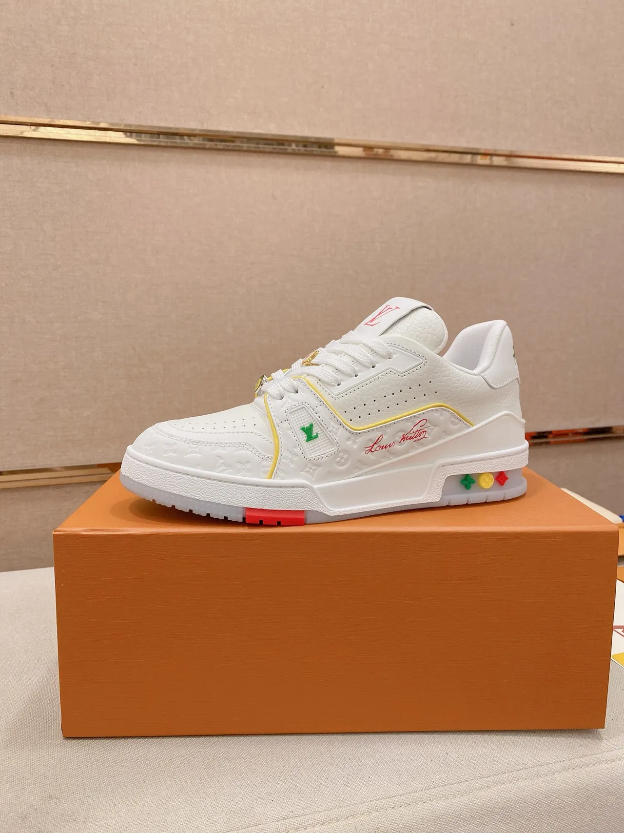 Louis Vuitton LV Trainer White Multicolor Embossed Monogram Leather Color-Blocked Piping And Accents Lifestyle Sneakers 1