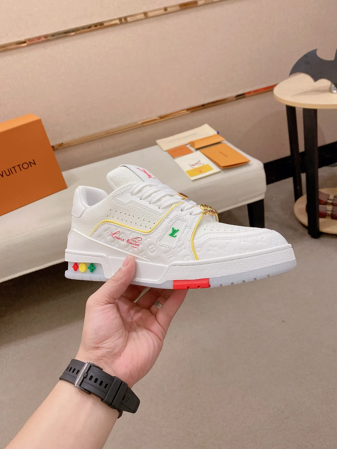 Louis Vuitton LV Trainer White Multicolor Embossed Monogram Leather Color-Blocked Piping And Accents Lifestyle Sneakers 4