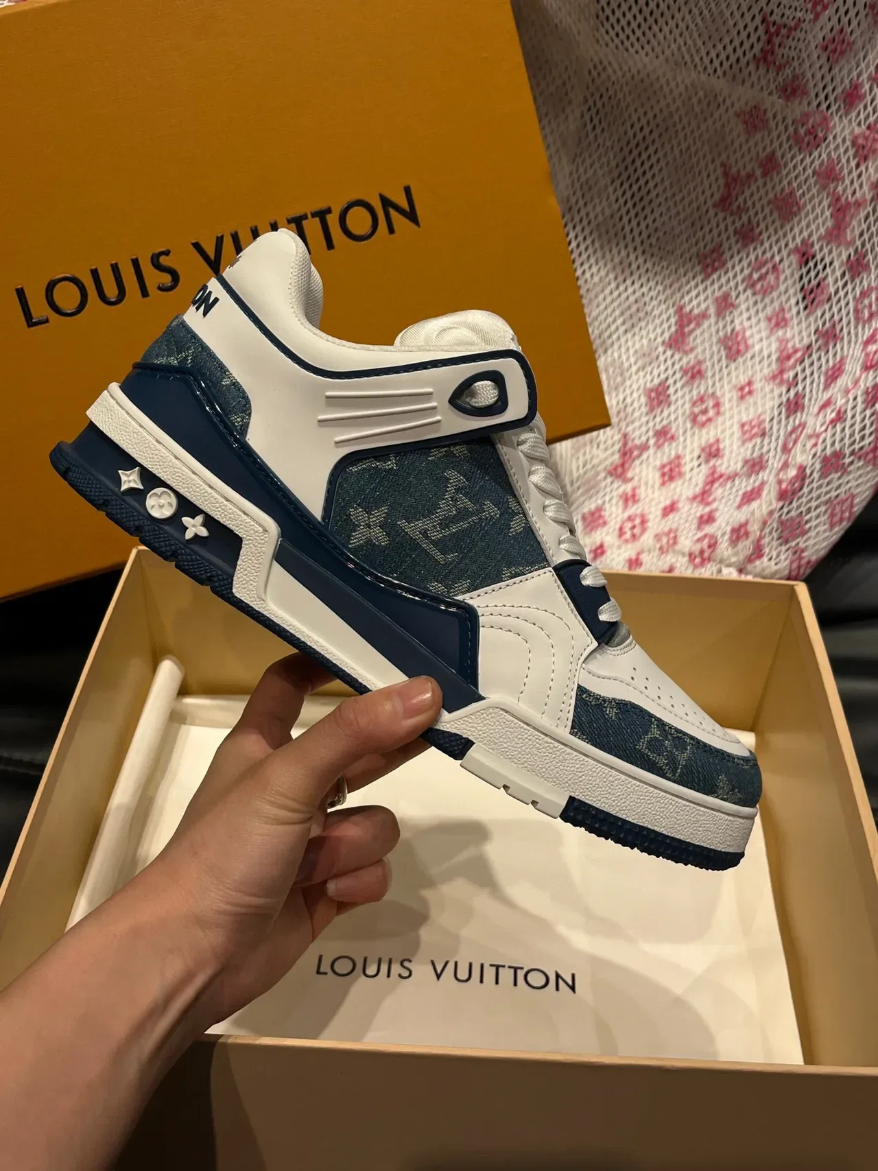Louis Vuitton LV Trainer White Navy Low-Top Monogram Canvas Lifestyle Sneakers 5