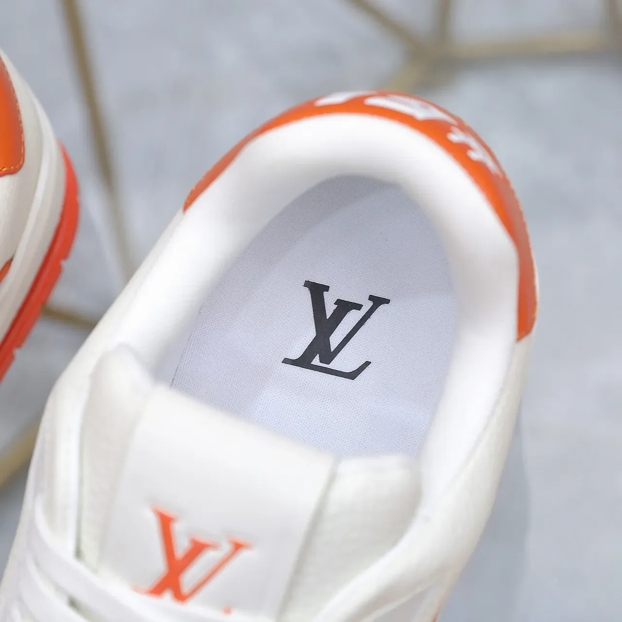 Louis Vuitton LV Trainer White Orange Layered Sole Perforated Leather Upper Lifestyle Sneakers 2