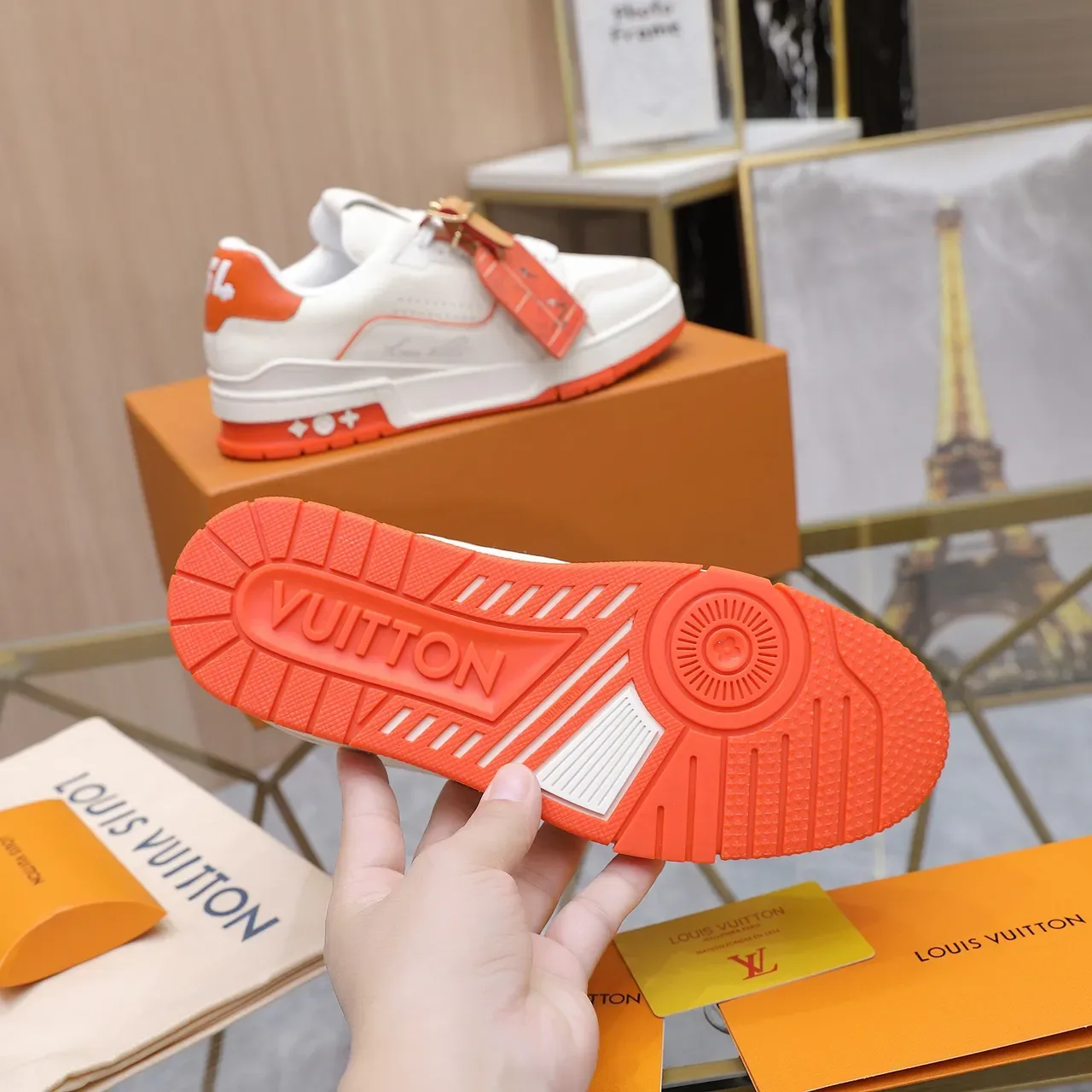 Louis Vuitton LV Trainer White Orange Layered Sole Perforated Leather Upper Lifestyle Sneakers 4