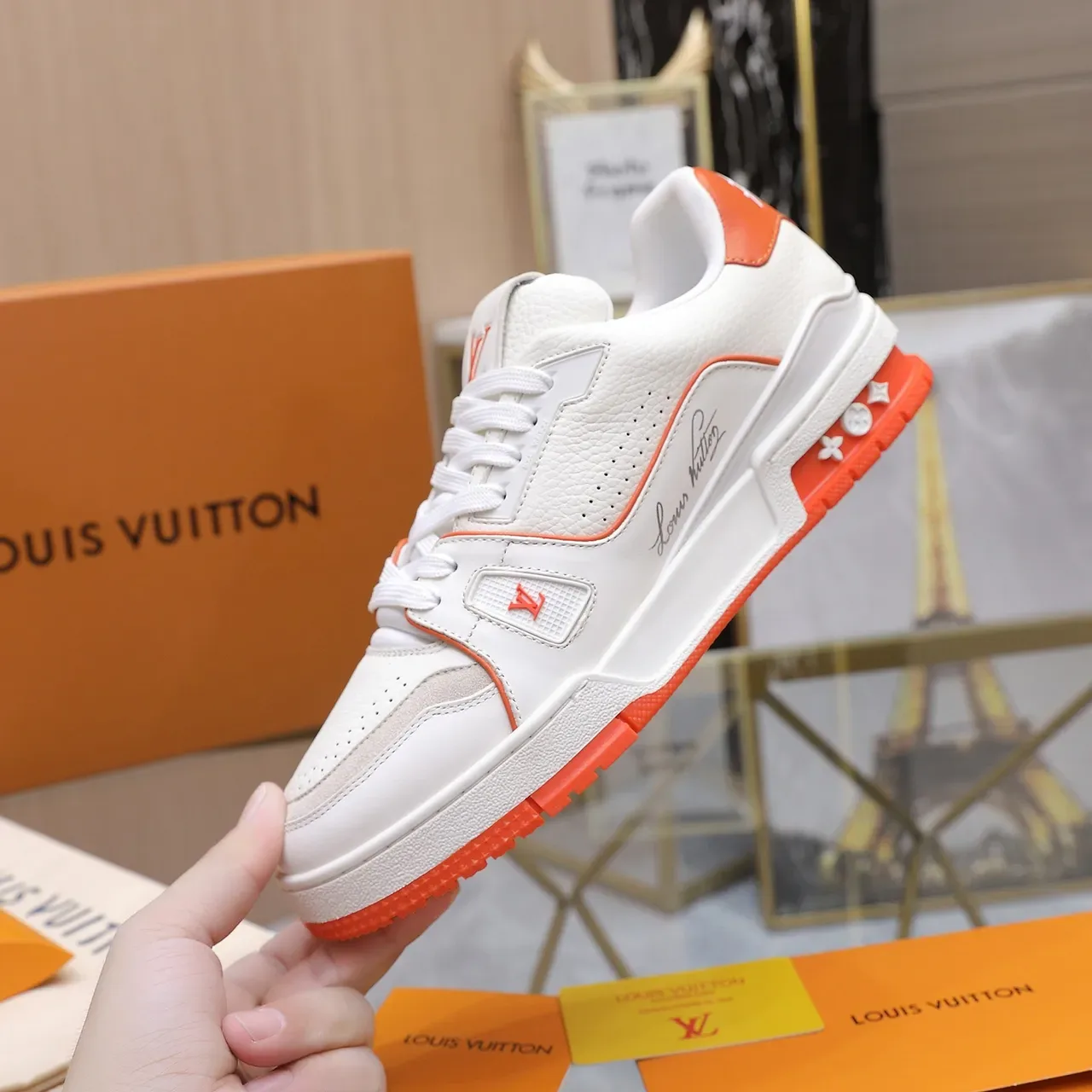 Louis Vuitton LV Trainer White Orange Layered Sole Perforated Leather Upper Lifestyle Sneakers 5