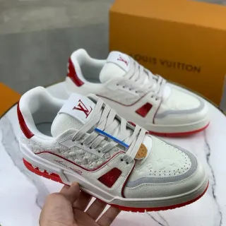 Louis Vuitton LV Trainer White Red Embossed Monogram Leather Geometric Side Panels Lifestyle Sneakers