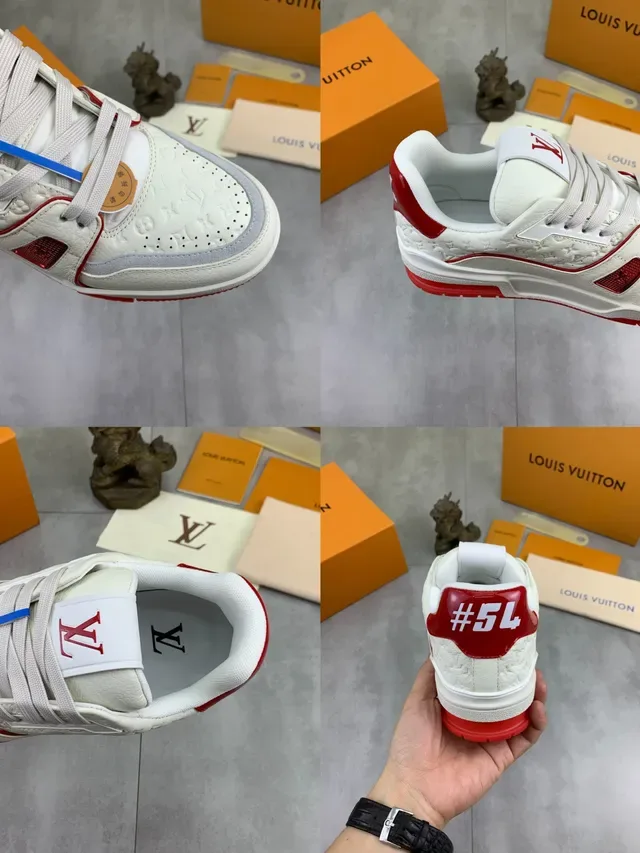 Louis Vuitton LV Trainer Blanc Rouge Embossed Monogram Cuir Panneaux Latéraux Géométriques Lifestyle Sneakers 2