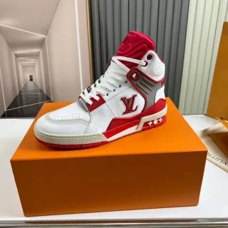 Louis Vuitton LV Trainer Blanco y Rojo Alto Estructurado Cuero Superior Sneakers Estilo de Vida