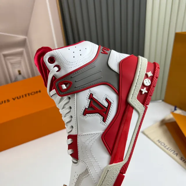 Louis Vuitton LV Trainer White Red High-Top Structured Leather Upper Lifestyle Sneakers 3