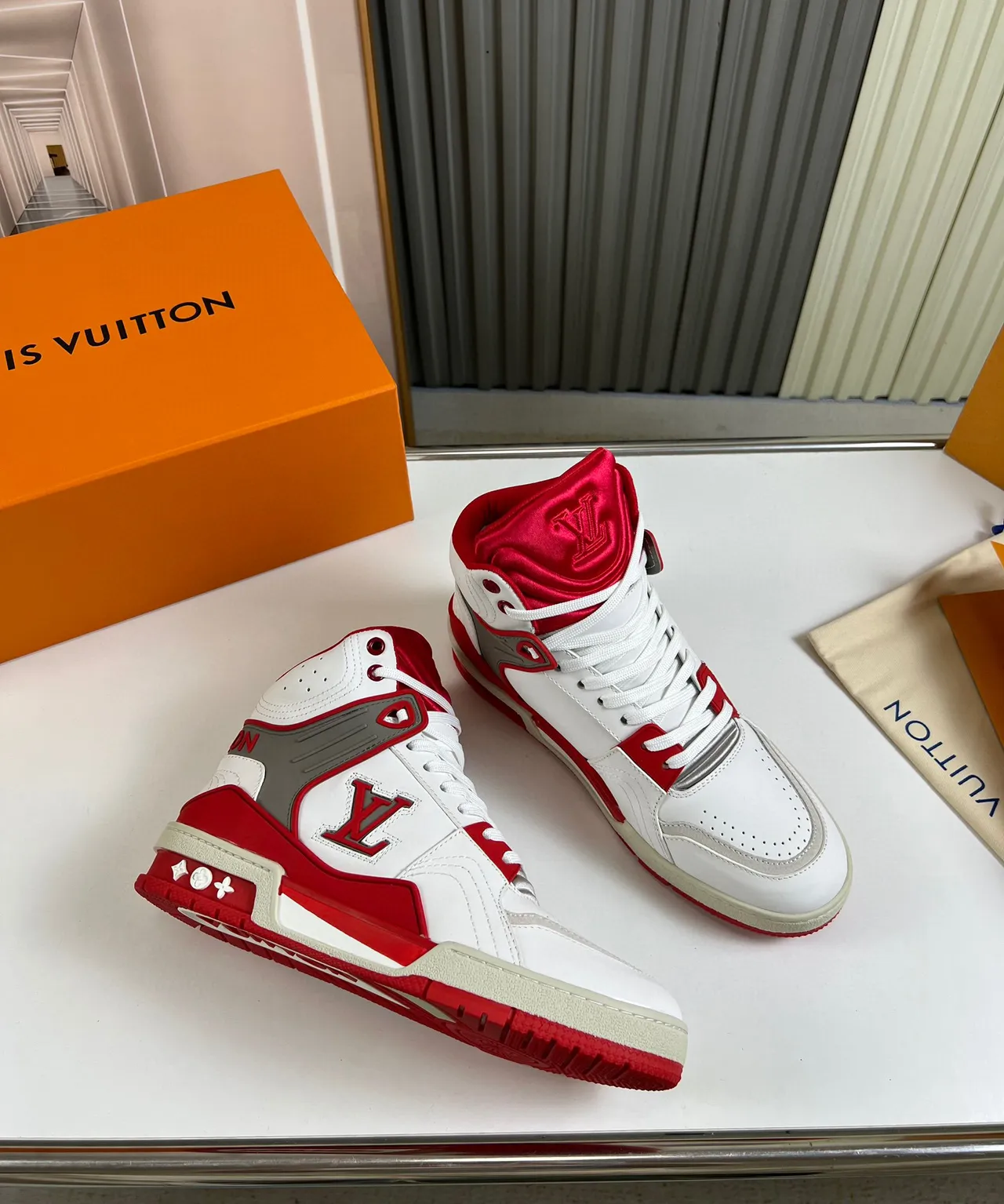 Louis Vuitton LV Trainer White Red High-Top Structured Leather Upper Lifestyle Sneakers 5