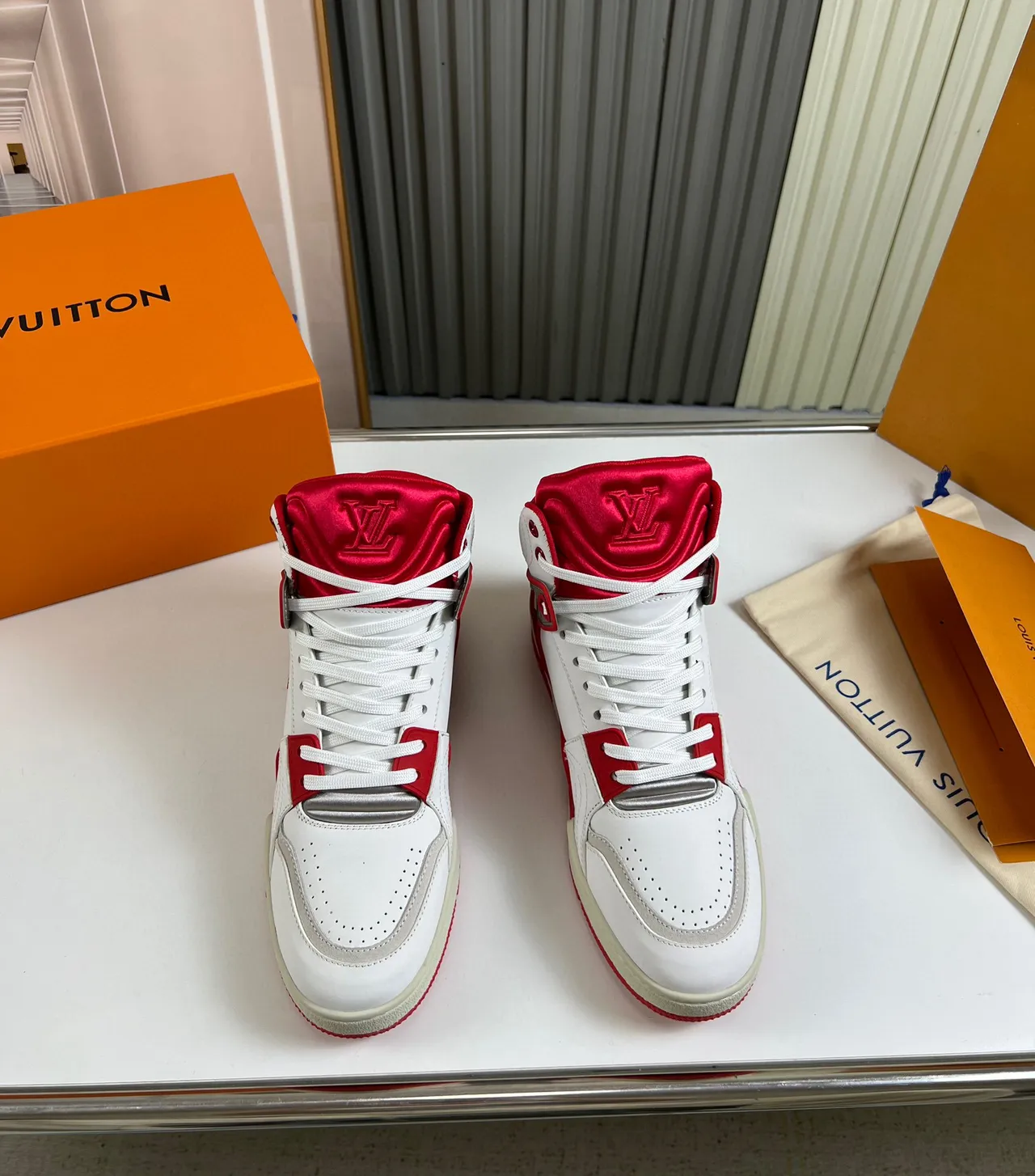 Louis Vuitton LV Trainer White Red High-Top Structured Leather Upper Lifestyle Sneakers 9
