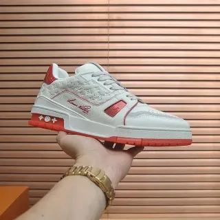 Louis Vuitton LV Trainer White Red Monogram-Quilted Leather Script-Logo Side Panel Lifestyle Sneakers