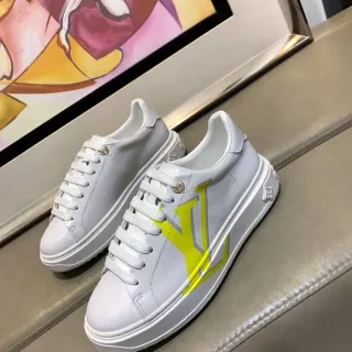 Louis Vuitton LV Trainer Blanco Amarillo Cuero Suave Superior Gráfico Monograma Neón Estilo de Vida Zapatillas
