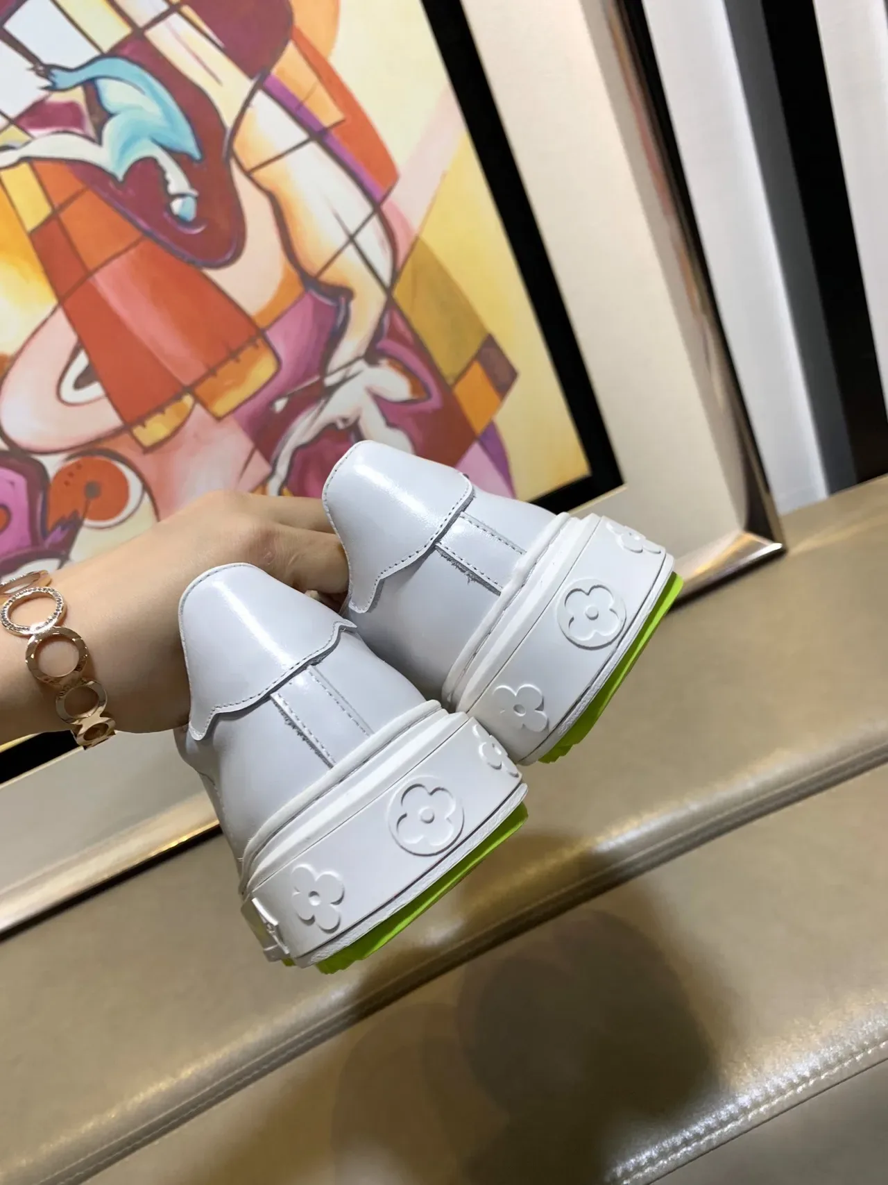 Louis Vuitton LV Trainer White Yellow Smooth Leather Upper Neon Monogram Graphic Lifestyle Sneakers 2