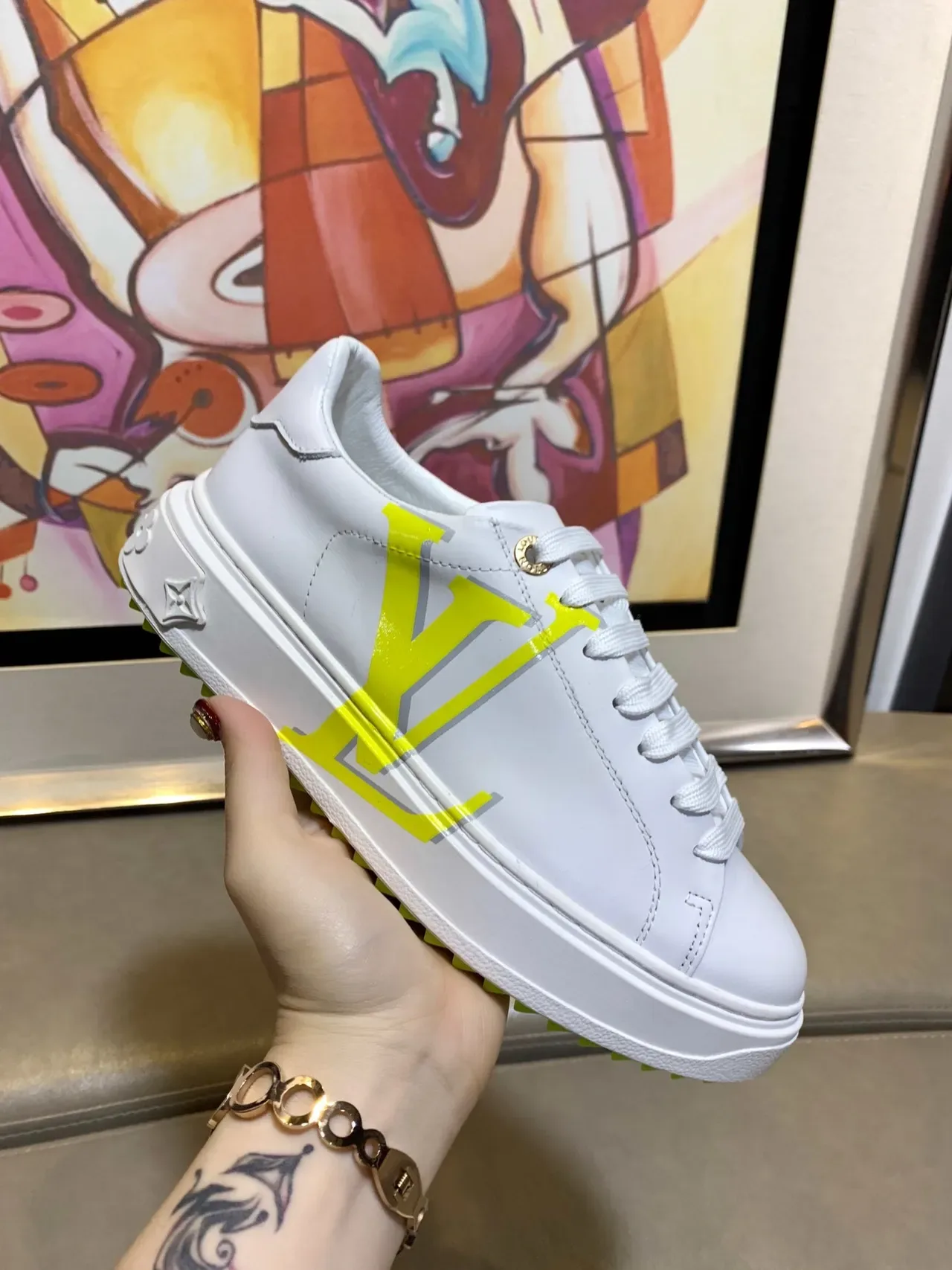 Louis Vuitton LV Trainer White Yellow Smooth Leather Upper Neon Monogram Graphic Lifestyle Sneakers 3