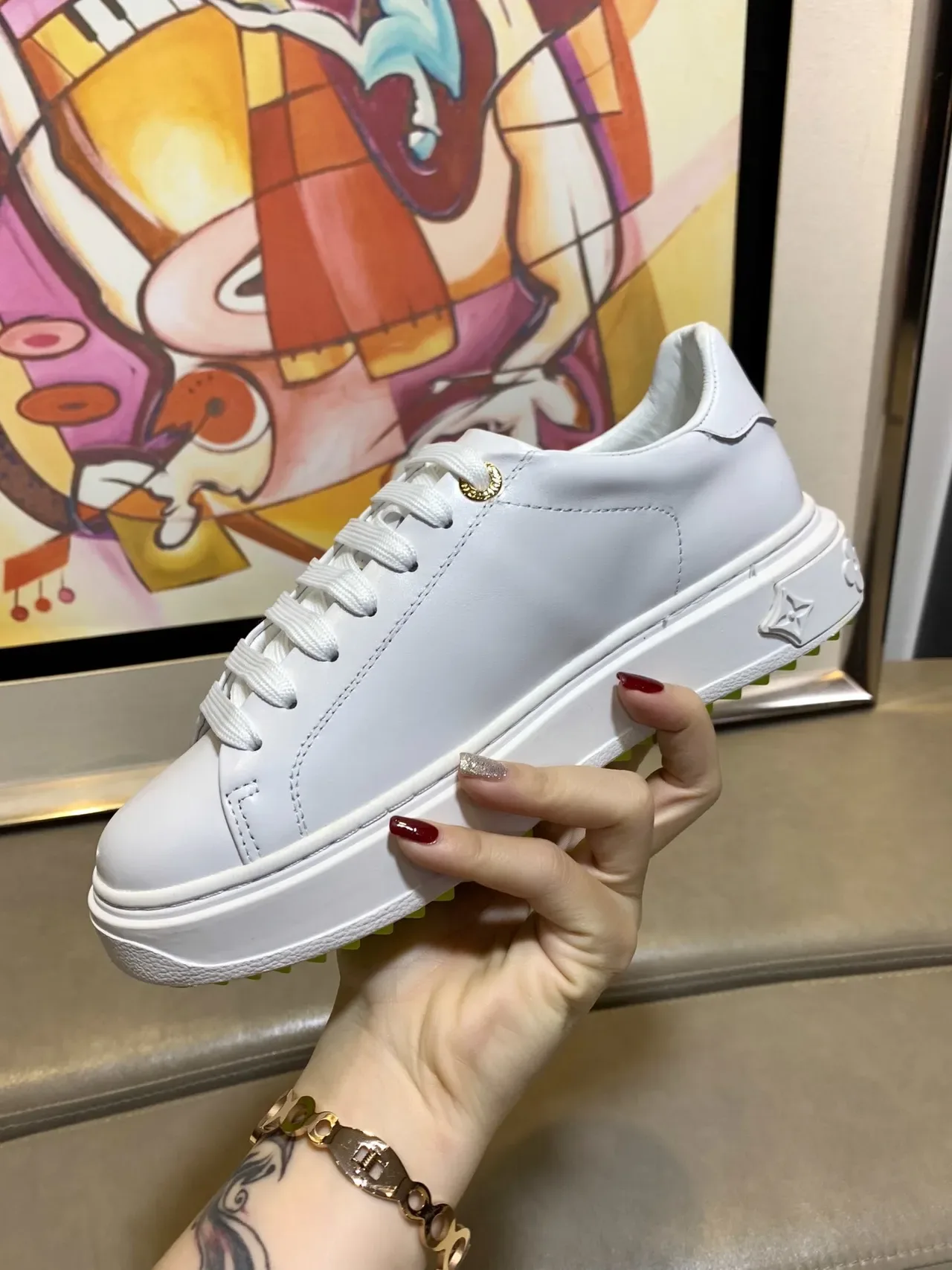 Louis Vuitton LV Trainer White Yellow Smooth Leather Upper Neon Monogram Graphic Lifestyle Sneakers 4