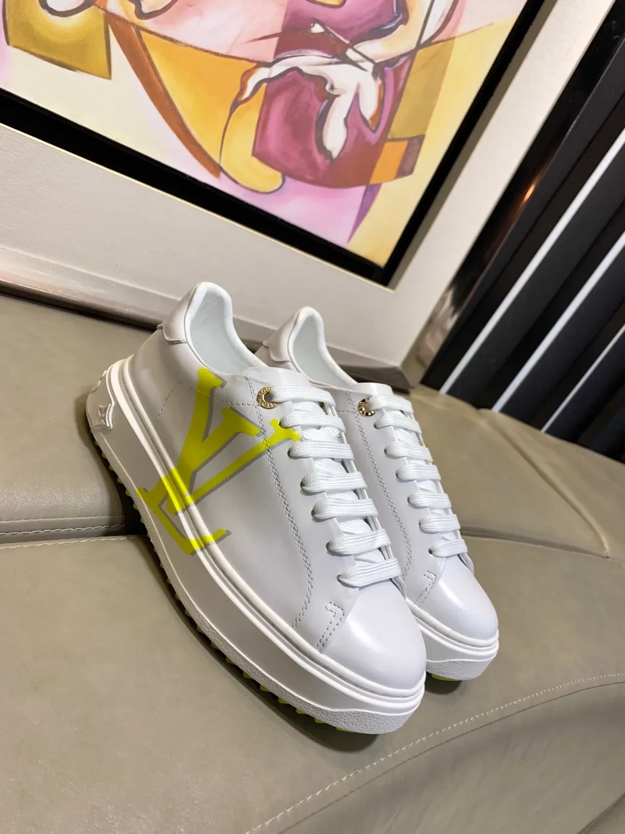 Louis Vuitton LV Trainer White Yellow Smooth Leather Upper Neon Monogram Graphic Lifestyle Sneakers 5