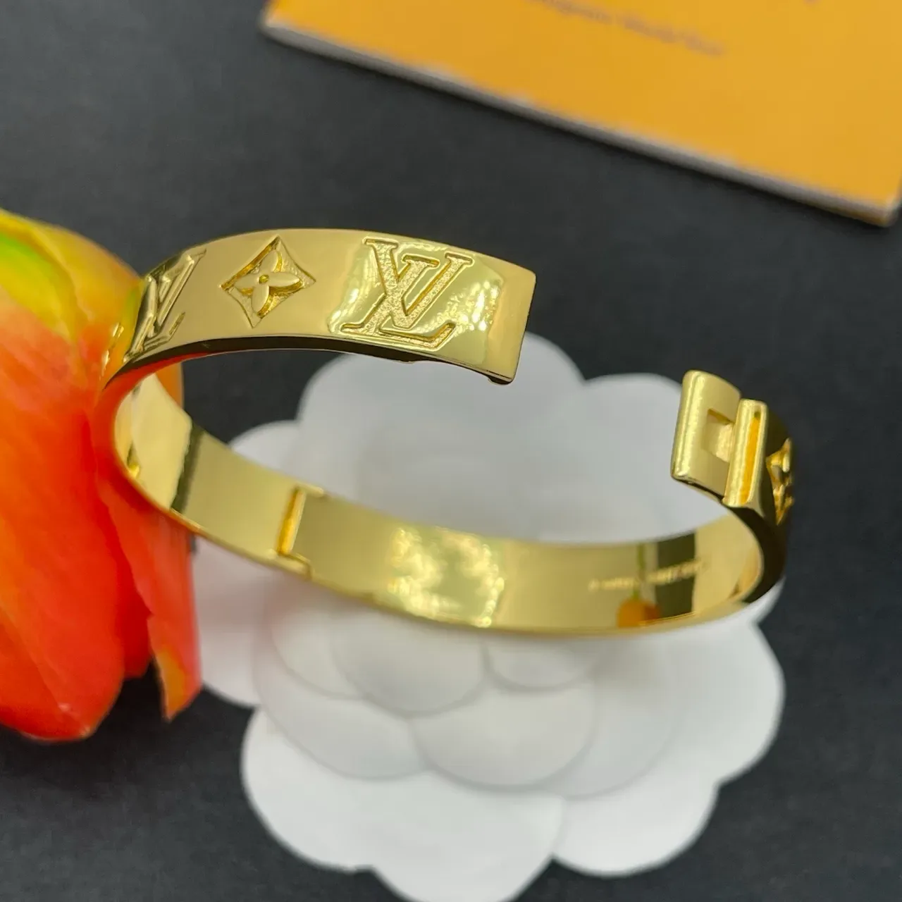 Louis Vuitton Monogram Bangle Gold Polished Embossed Bracelet 4