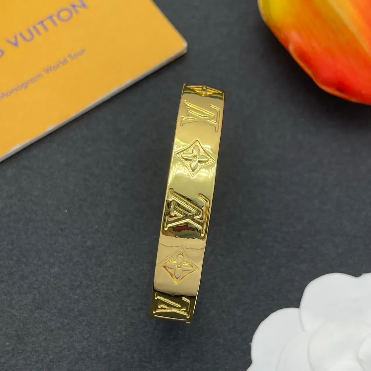 Louis Vuitton Monogram Bangle Gold Polished Embossed Bracelet 6