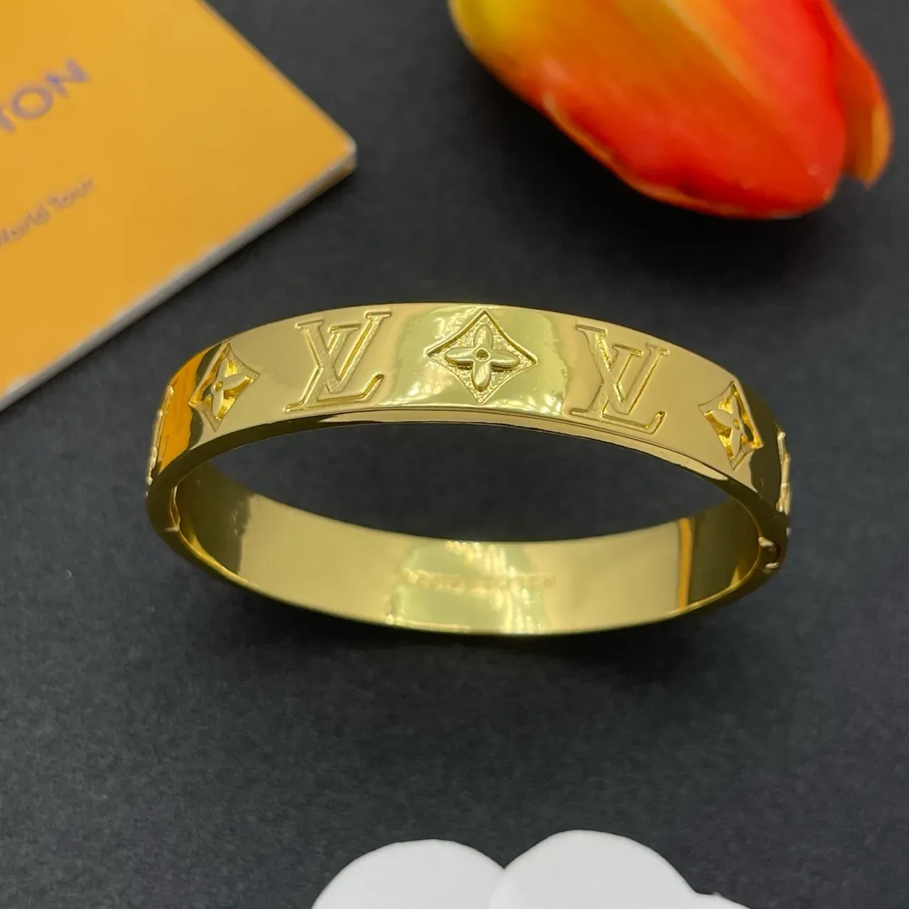 Louis Vuitton Monogram Bangle Gold Polished Embossed Bracelet 7