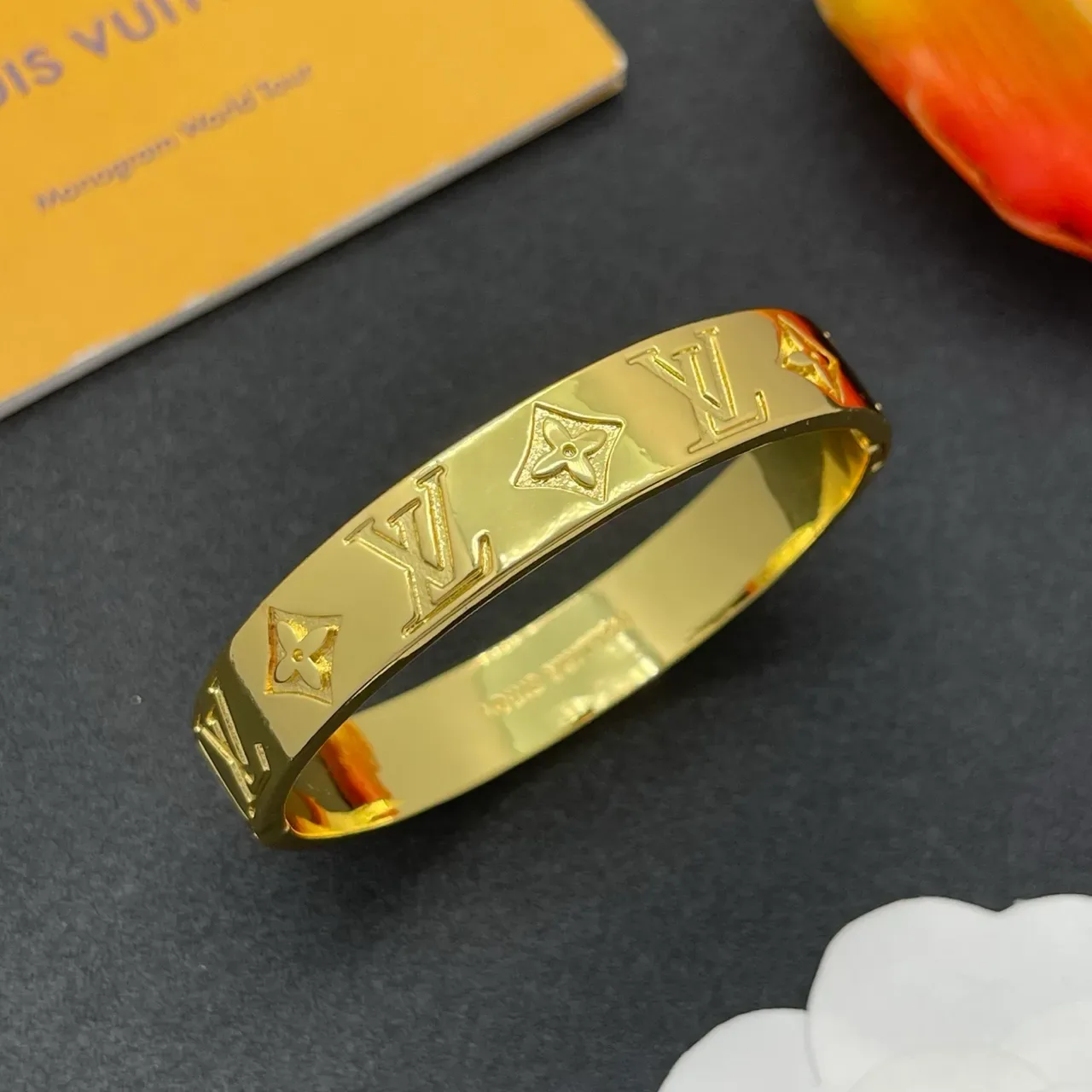 Louis Vuitton Monogram Bangle Gold Polished Embossed Bracelet 8