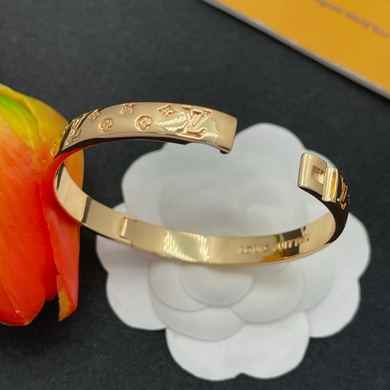 Louis Vuitton Monogram Bangle Gold Polished Engraved Bracelet 4