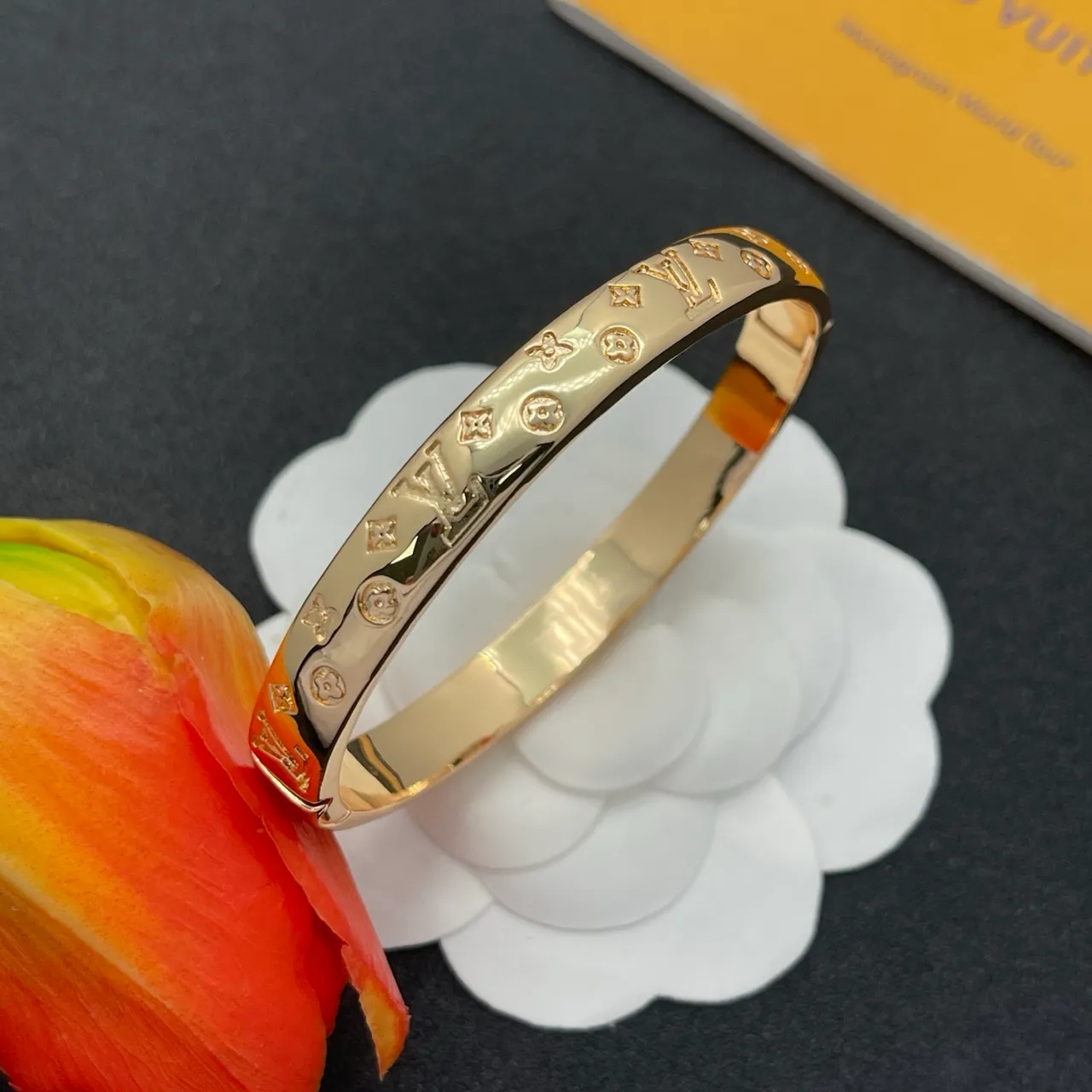 Louis Vuitton Monogram Bangle Gold Polished Engraved Bracelet 6