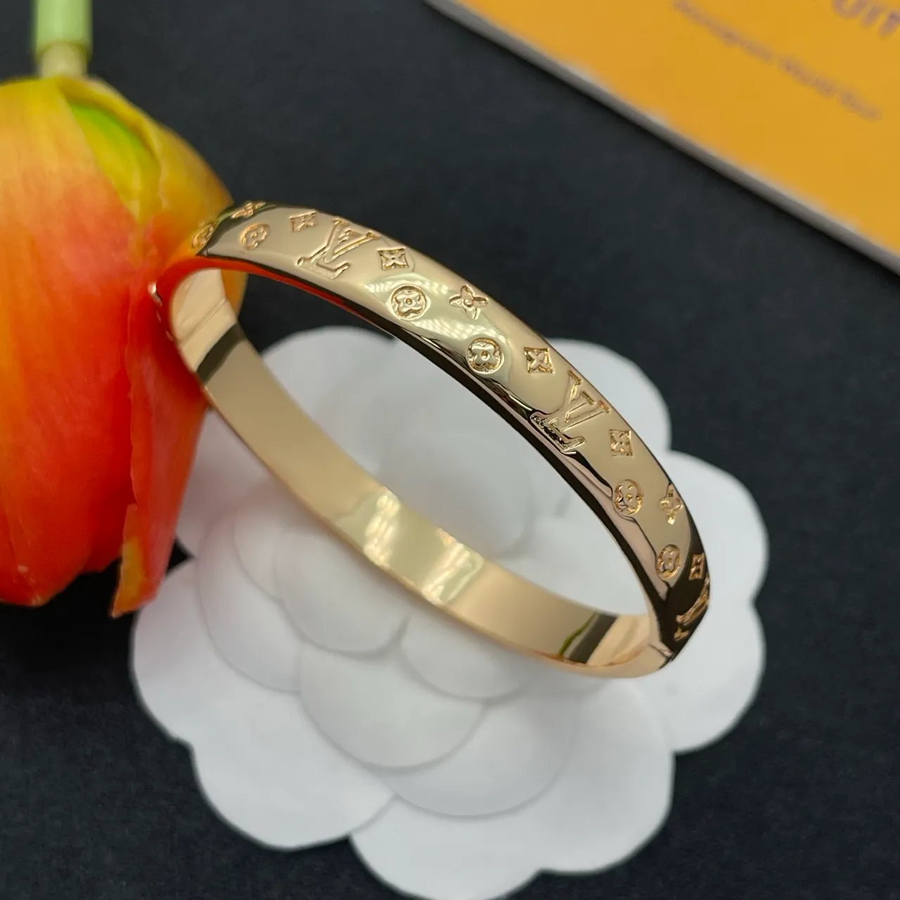 Louis Vuitton Monogram Bangle Gold Polished Engraved Bracelet 7