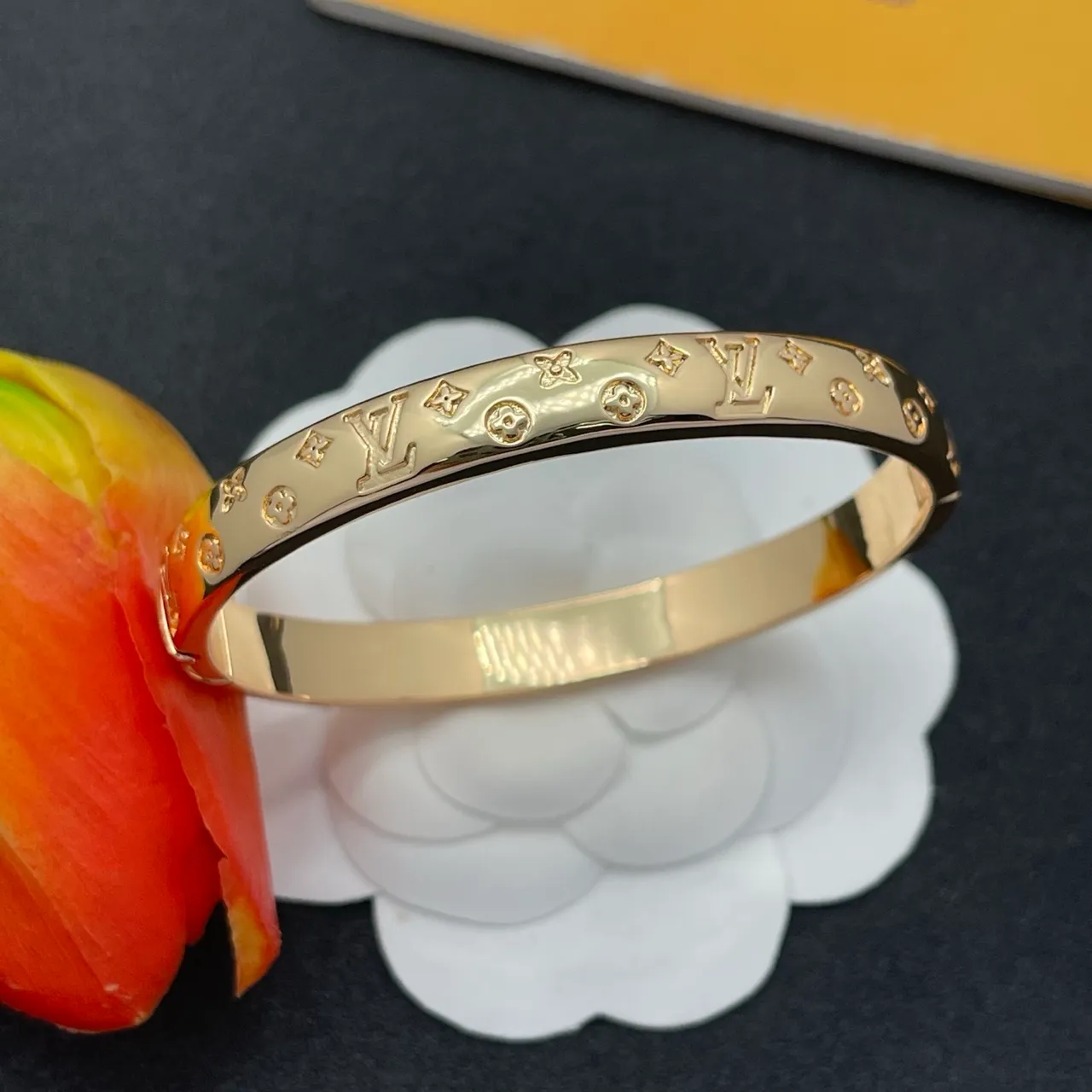 Louis Vuitton Monogram Bangle Gold Polished Engraved Bracelet 8