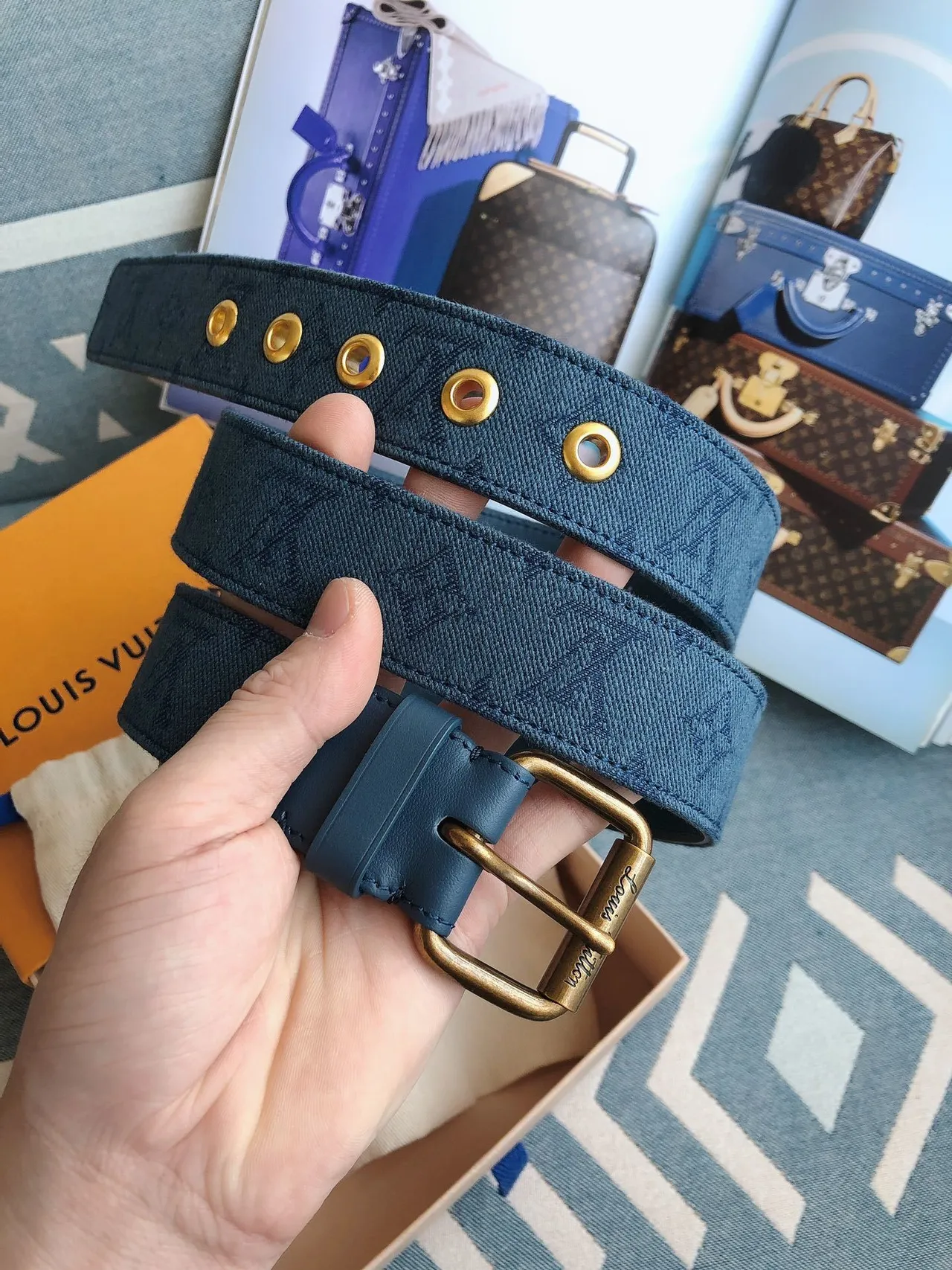 Louis Vuitton Monogram Blue Gold Monogrammed Antique Brass Buckle Canvas Belt 2