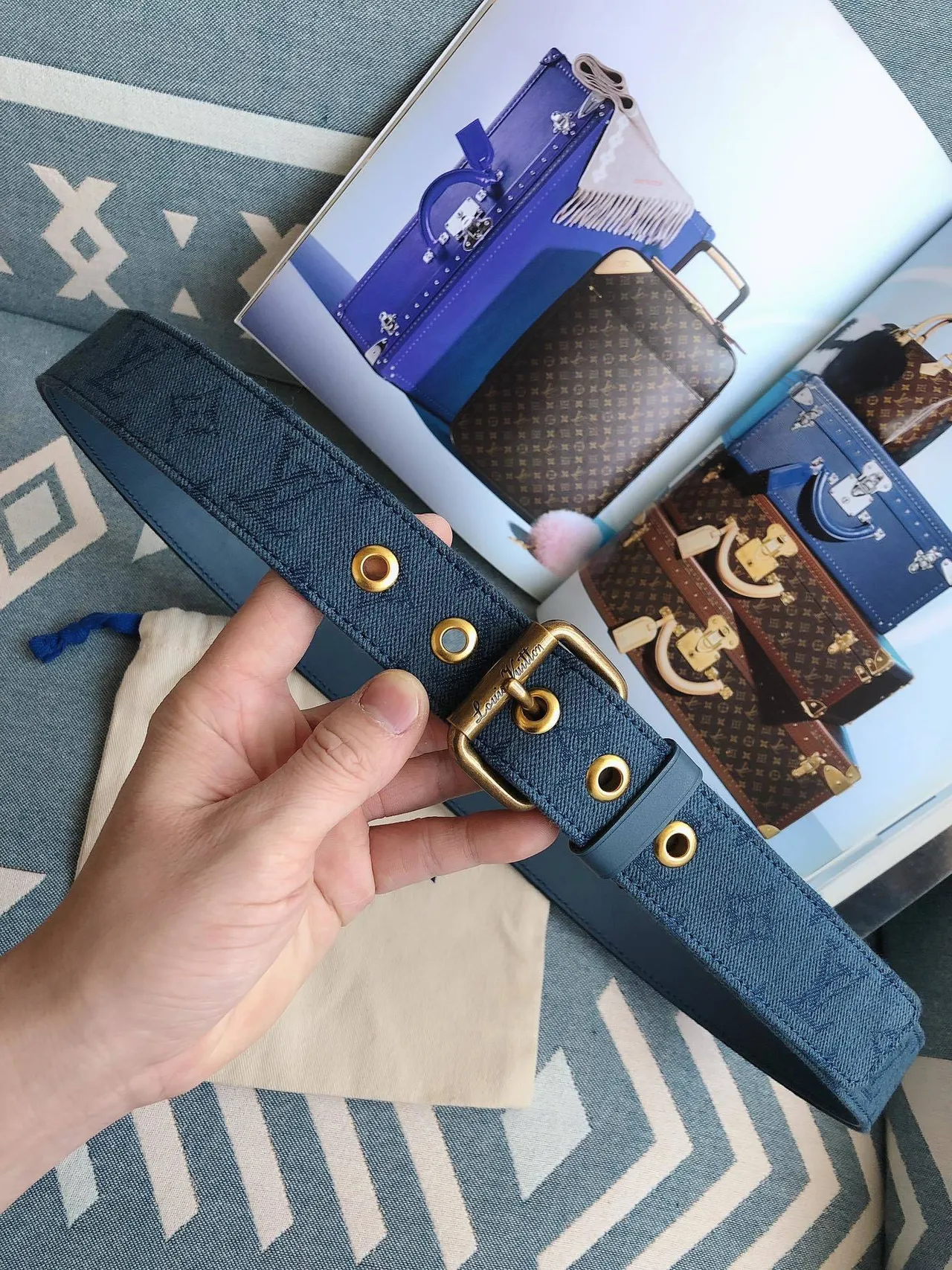 Louis Vuitton Monogram Blue Gold Monogrammed Antique Brass Buckle Canvas Belt 3