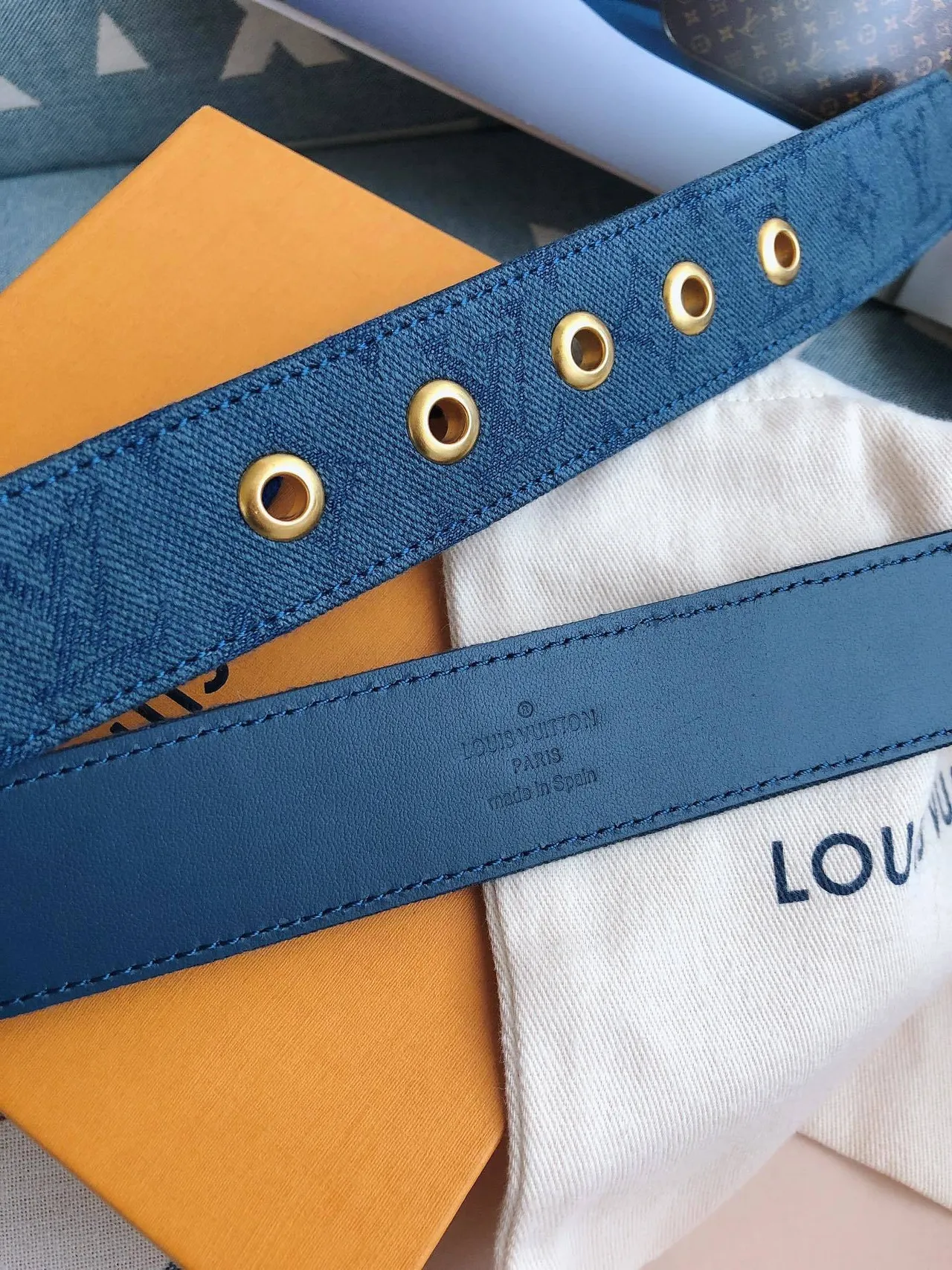 Louis Vuitton Monogram Blue Gold Monogrammed Antique Brass Buckle Canvas Belt 5