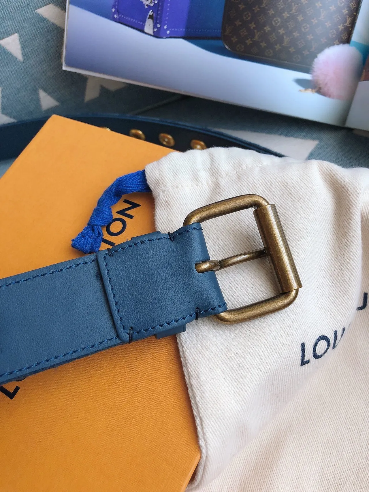 Louis Vuitton Monogram Blue Gold Monogrammed Antique Brass Buckle Canvas Belt 7