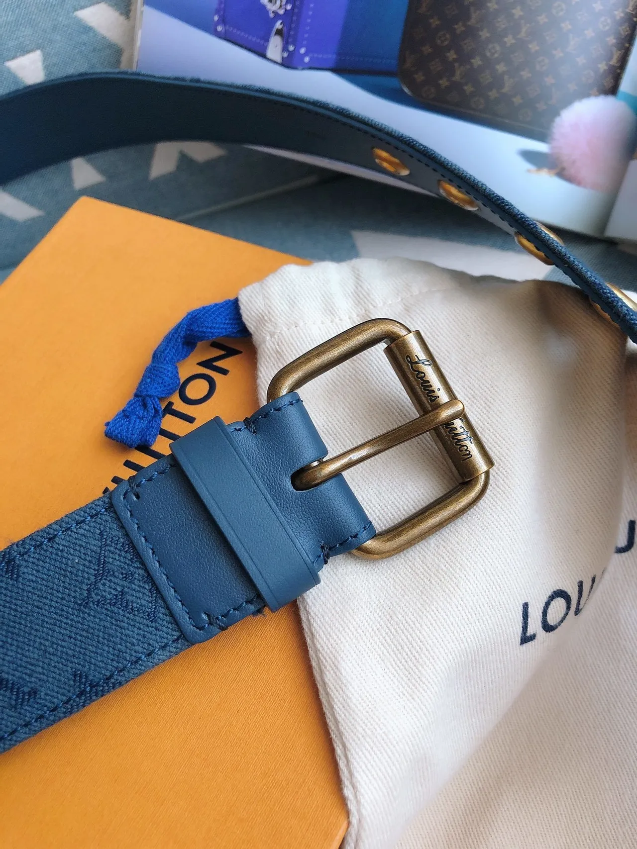 Louis Vuitton Monogram Blue Gold Monogrammed Antique Brass Buckle Canvas Belt 8