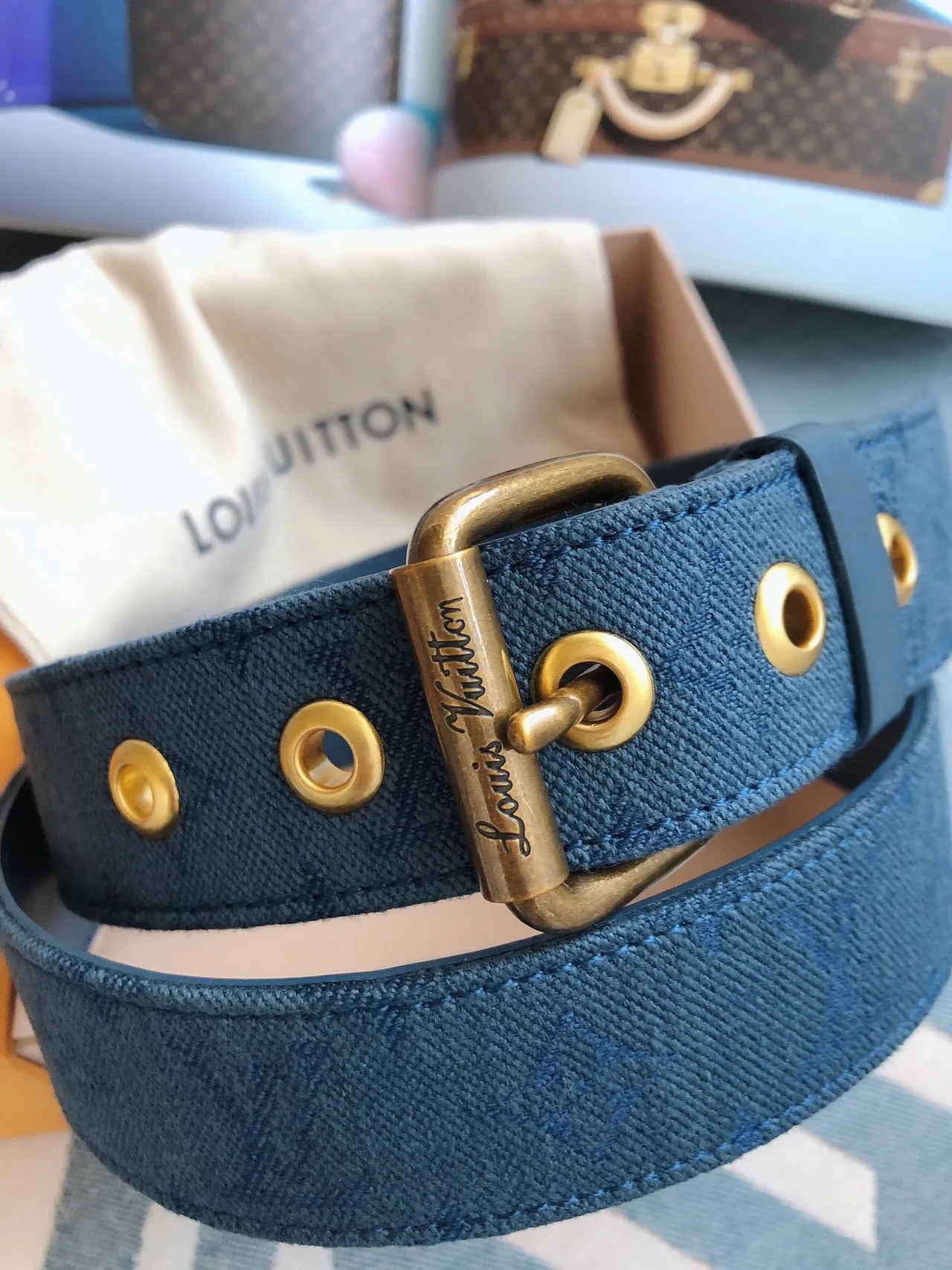 Louis Vuitton Monogram Blue Gold Monogrammed Antique Brass Buckle Canvas Belt 9