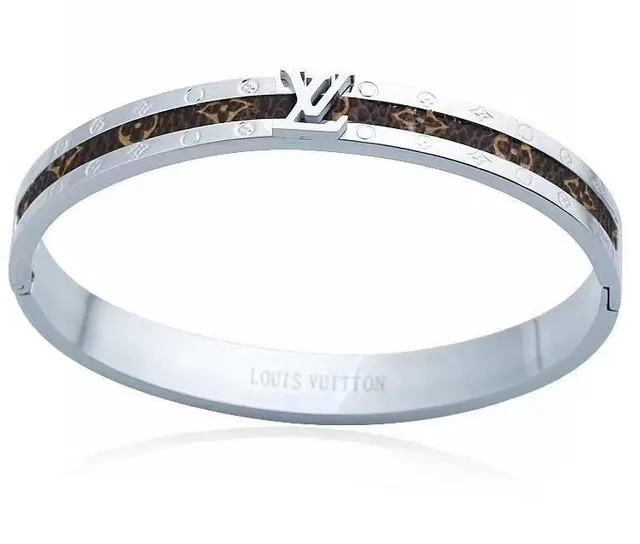 Louis Vuitton Monogram Canvas Bangle Gold Brown Hinged Inlay Bracelet 2