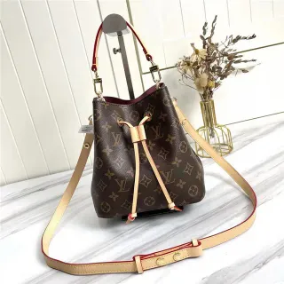 Louis Vuitton Monogram Canvas Beige Trim Red Piping Bucket Bag