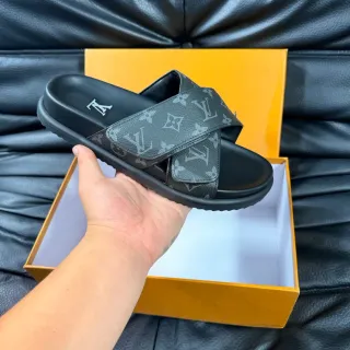 Louis Vuitton Monogram Cross-Strap Black Slippers