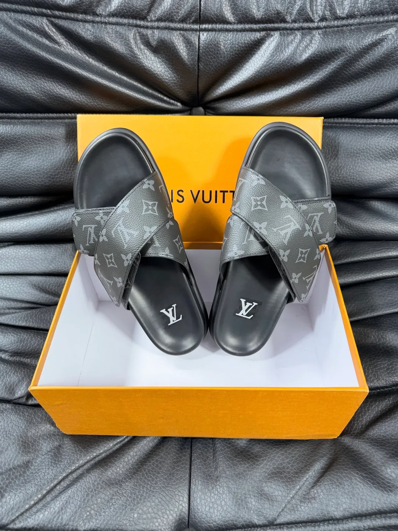 Louis Vuitton Monogram Cross-Strap Black Slippers 3