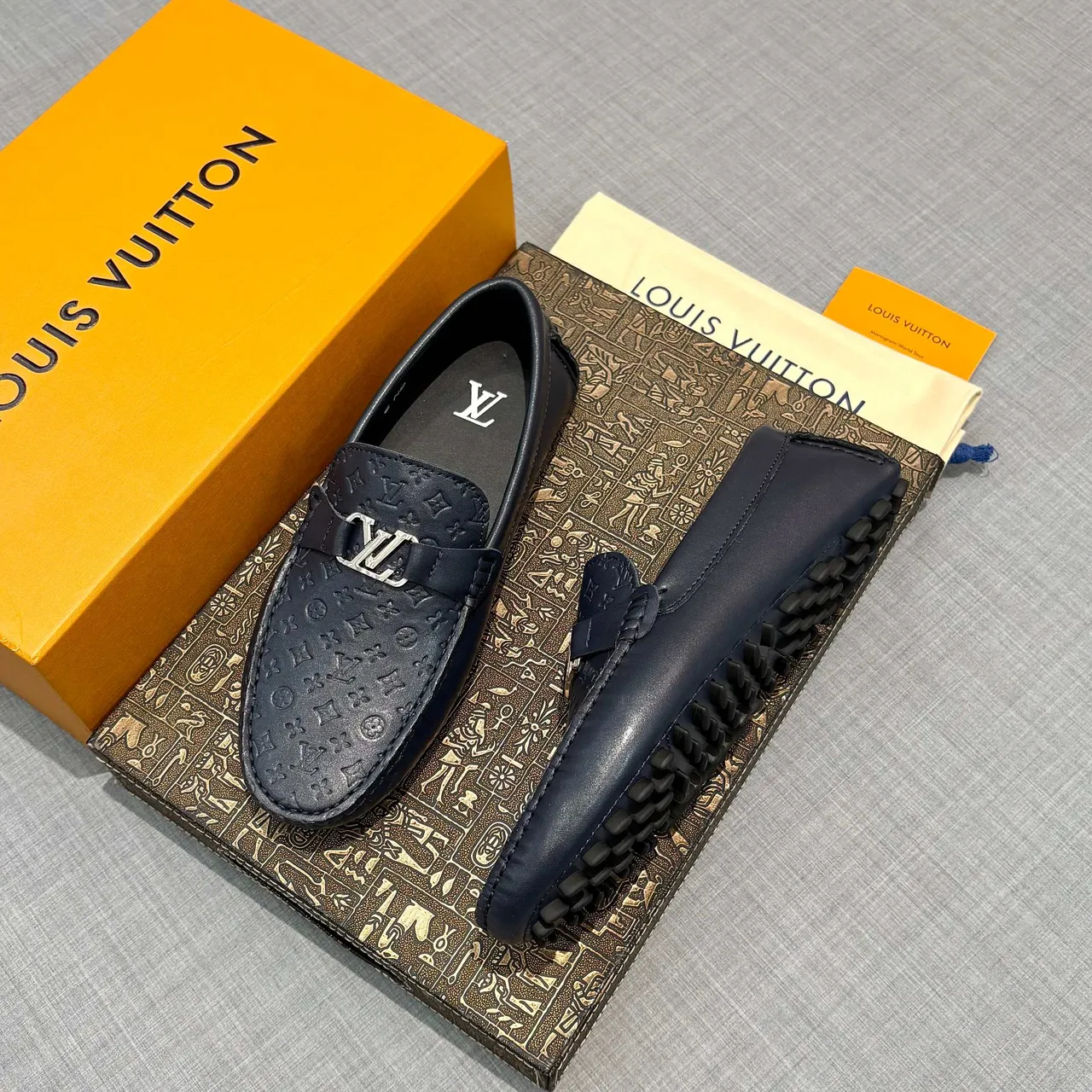 Louis Vuitton Monogram Embossed Loafer Navy Blue Leather Loafers 2