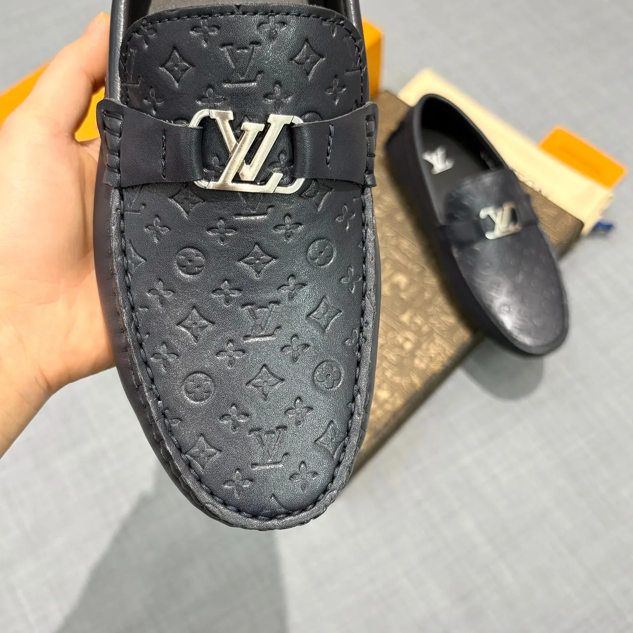 Louis Vuitton Monogram Embossed Loafer Navy Blue Leather Loafers 3