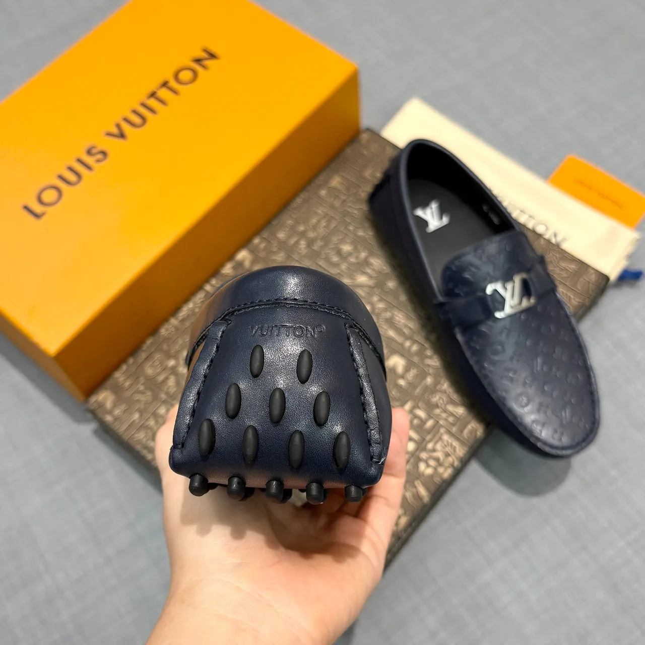 Louis Vuitton Monogram Embossed Loafer Navy Blue Leather Loafers 4