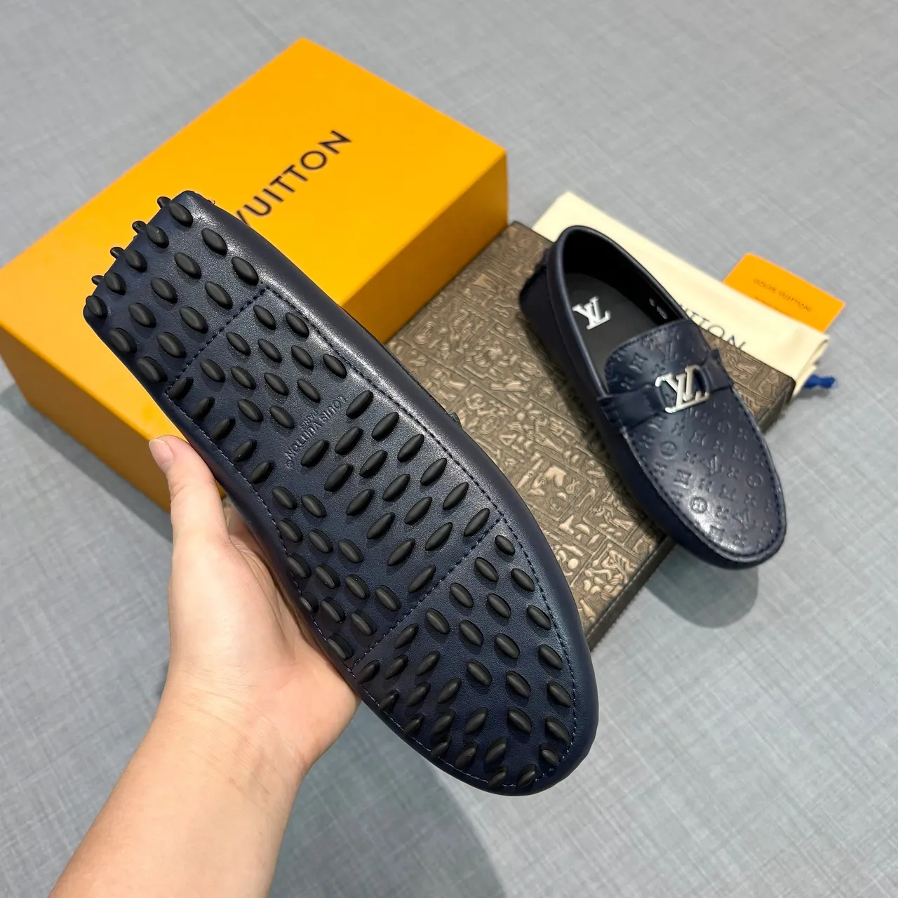 Louis Vuitton Monogram Embossed Loafer Navy Blue Leather Loafers 5