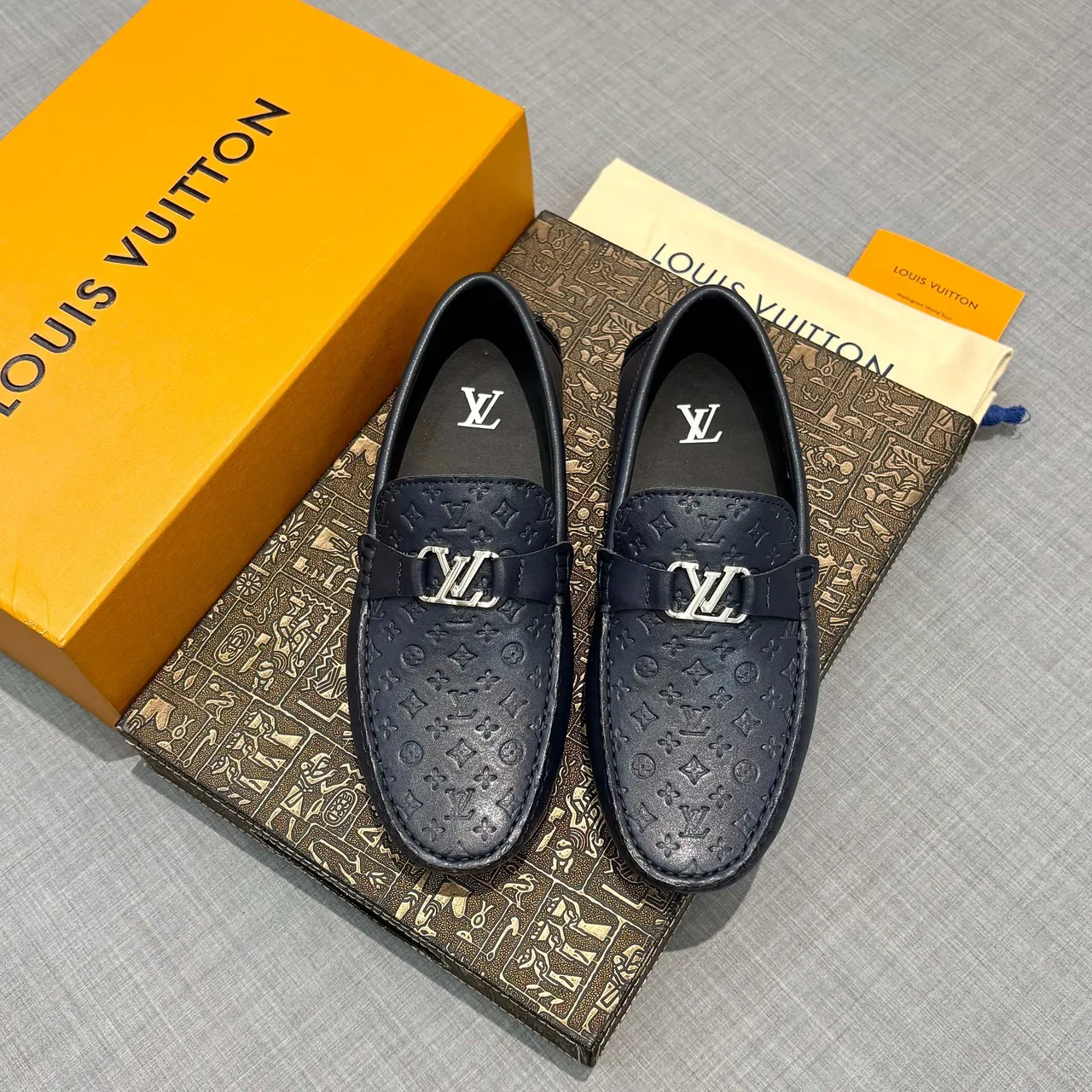 Louis Vuitton Monogram Embossed Loafer Navy Blue Leather Loafers 6
