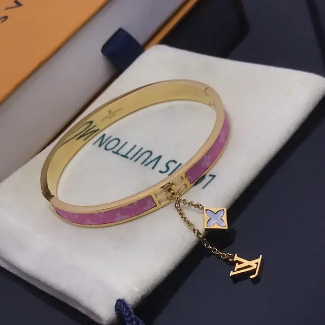 Louis Vuitton Monogram Enamel Bangle Pink Gold Hinged Band Bracelet 6