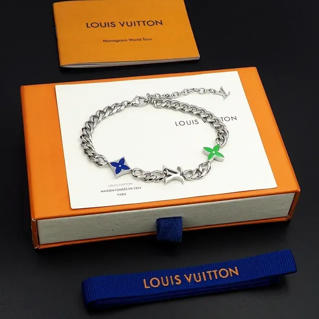 Louis Vuitton Monogram Flower and LV Charm Curb Chain Bracelet 2