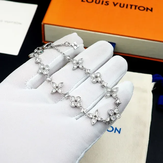 Louis Vuitton Monogram Flower Silver Gold Floral-Link Crystal-Embellished Bracelet 8