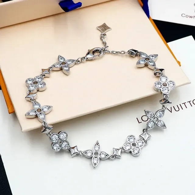 Louis Vuitton Monogram Flower Silver Gold Floral-Link Crystal-Embellished Bracelet 10