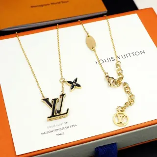 Louis Vuitton Monogram Jewelry Gold Black Chain Enamel Pendant Necklace