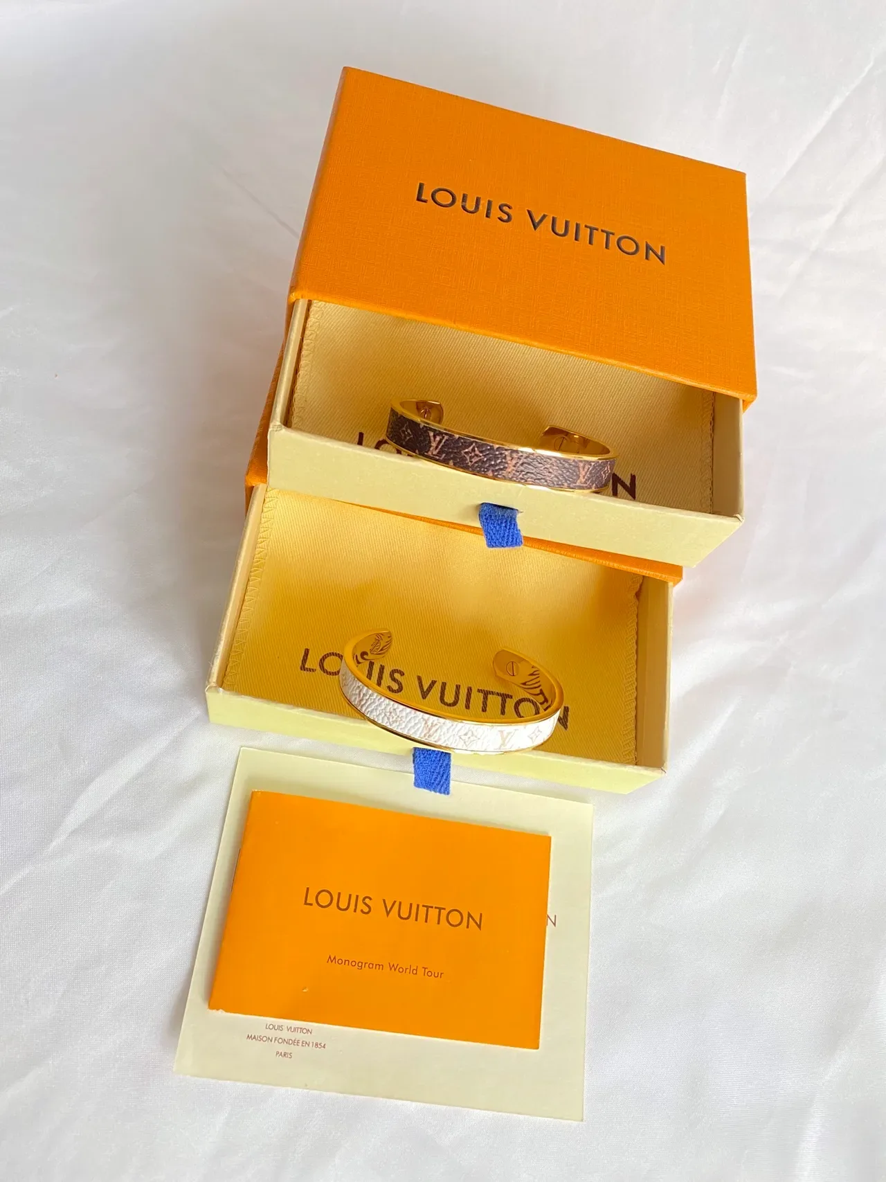 Louis Vuitton Monogram Leather Bangle Brown and White Gold-Tone Bracelets 3