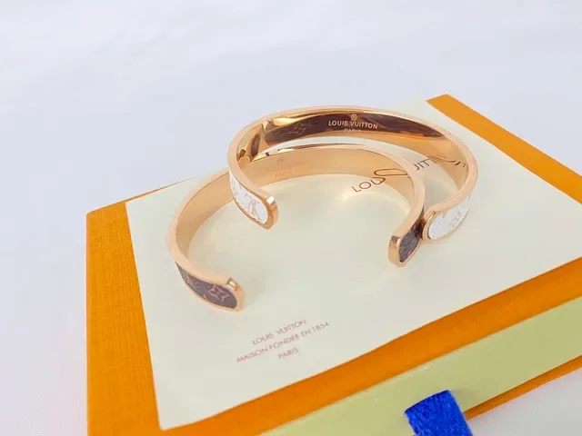 Louis Vuitton Monogram Leather Bangle Brown and White Gold-Tone Bracelets 4