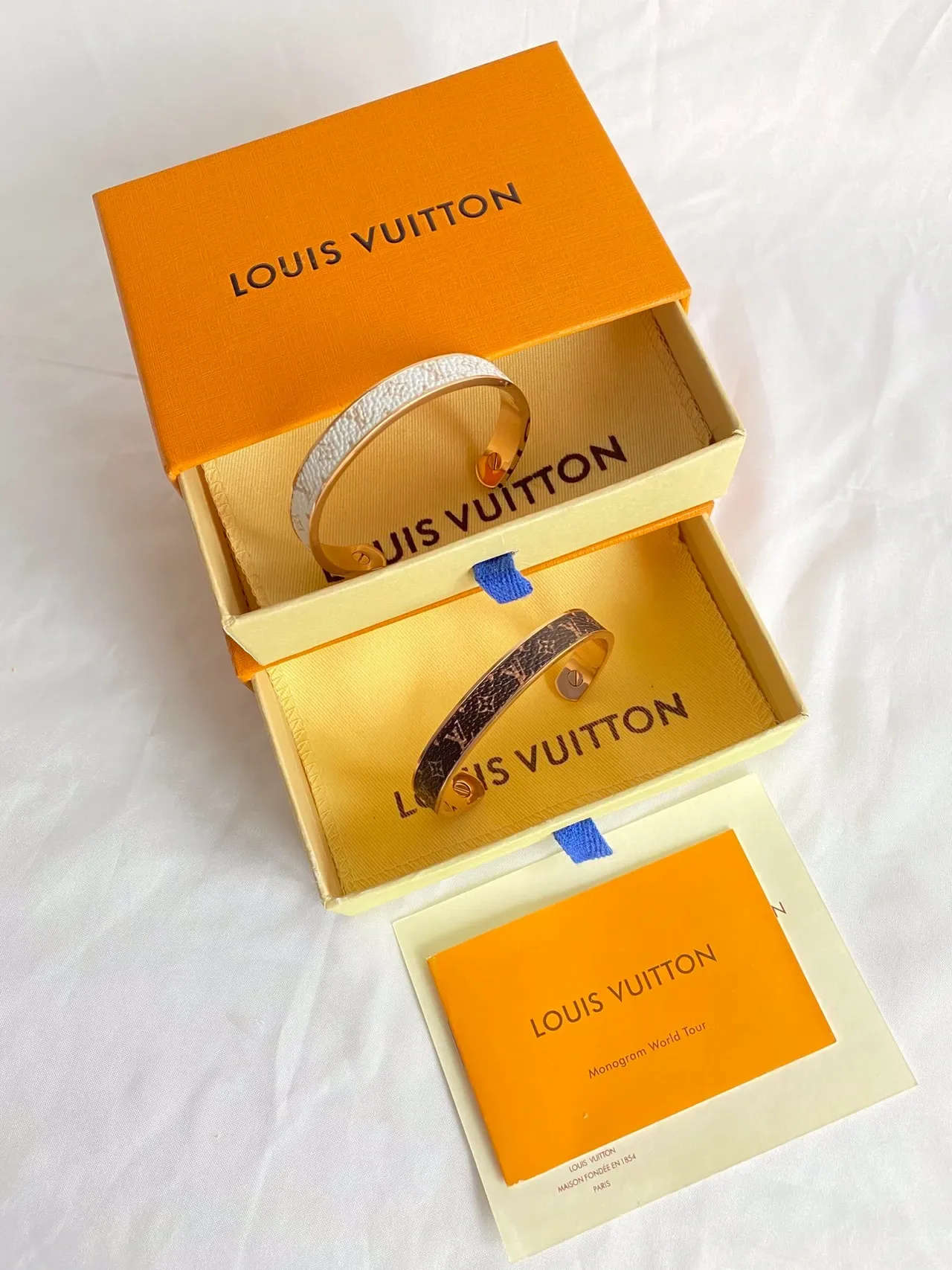 Louis Vuitton Monogram Leather Bangle Brown and White Gold-Tone Bracelets 5
